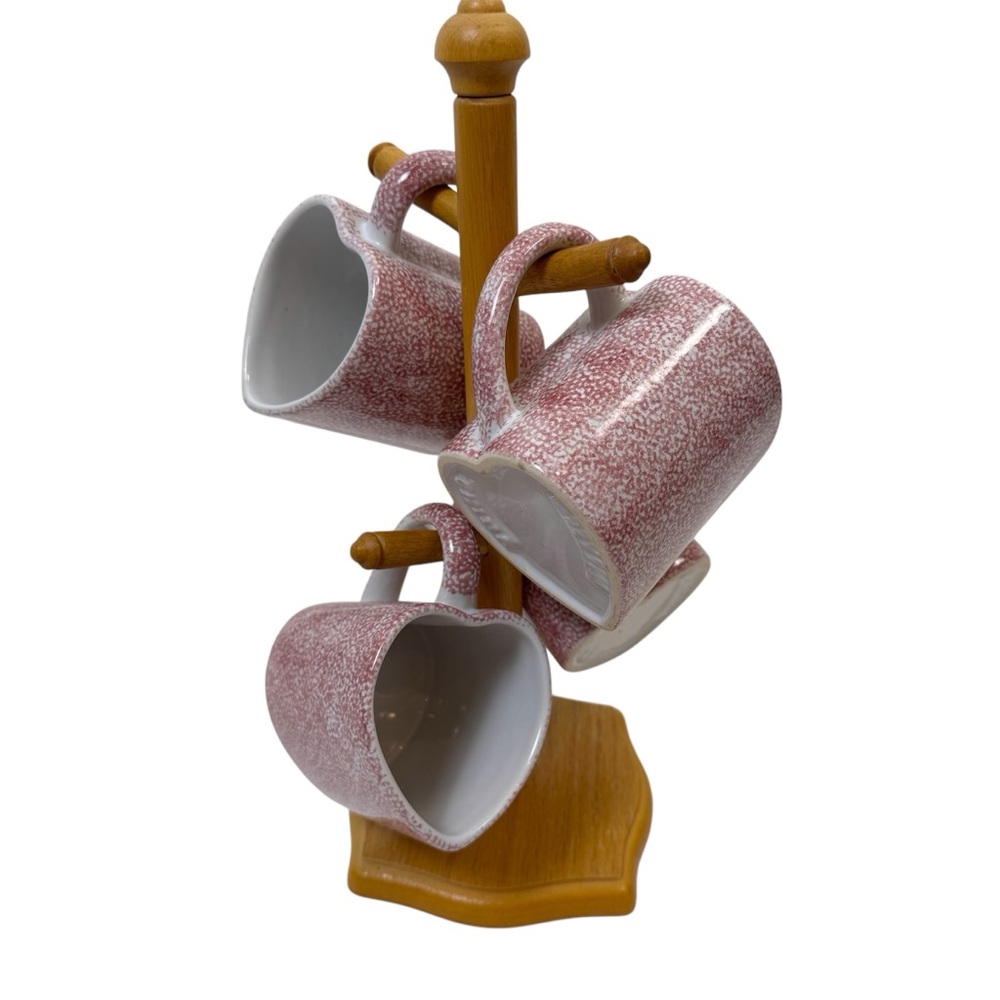 Heart Shaped Mug Set of 4 Pink Cottagecore Vtg Speckled Drinkware Ceramic Tree